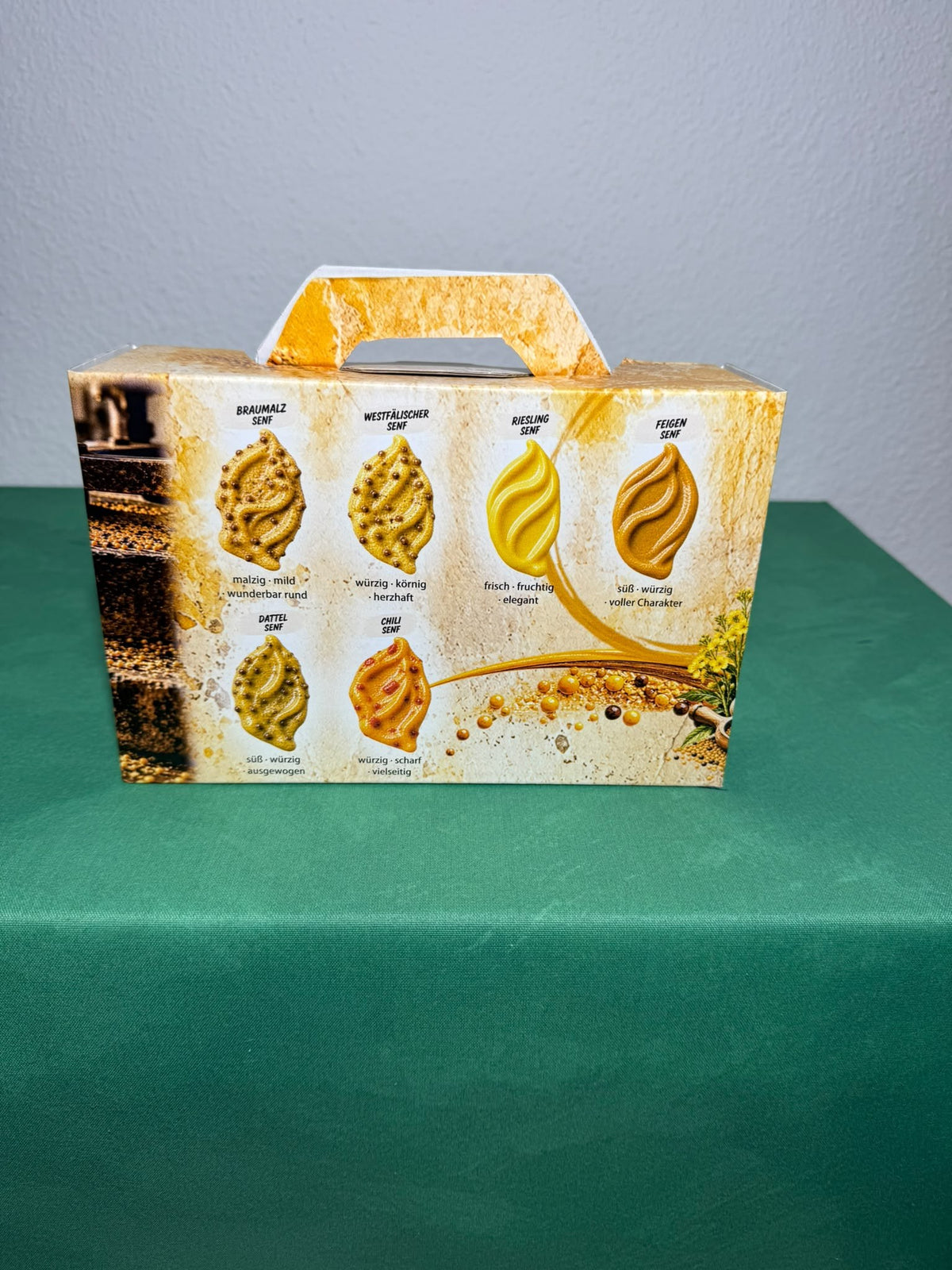 Senfmühle Geschenkbox, Rückseite mit Inhaltsangabe