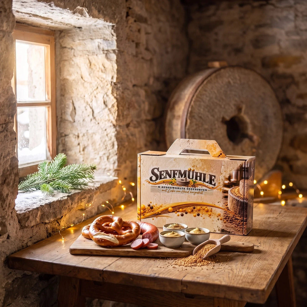 Senfmühle von Compass Deutschland als Geschenkbox in weihnachtlicher Stimmung