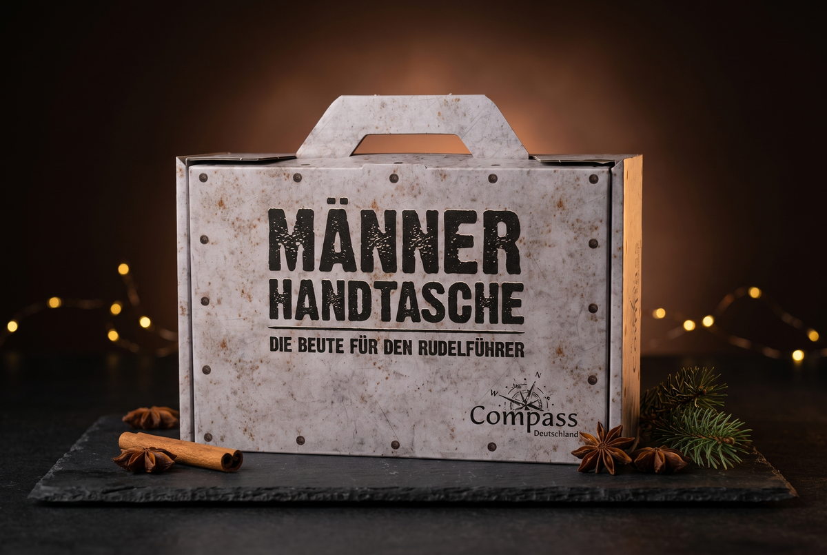 Männerhandtasche auf Schiefer mit Zimt und Sternanis