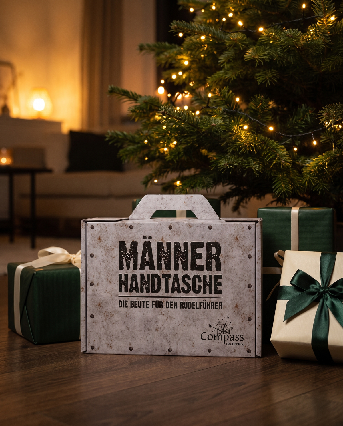 Männerhandtasche von Compass Deutschland als Weihnachtsgeschenk unter dem Baum