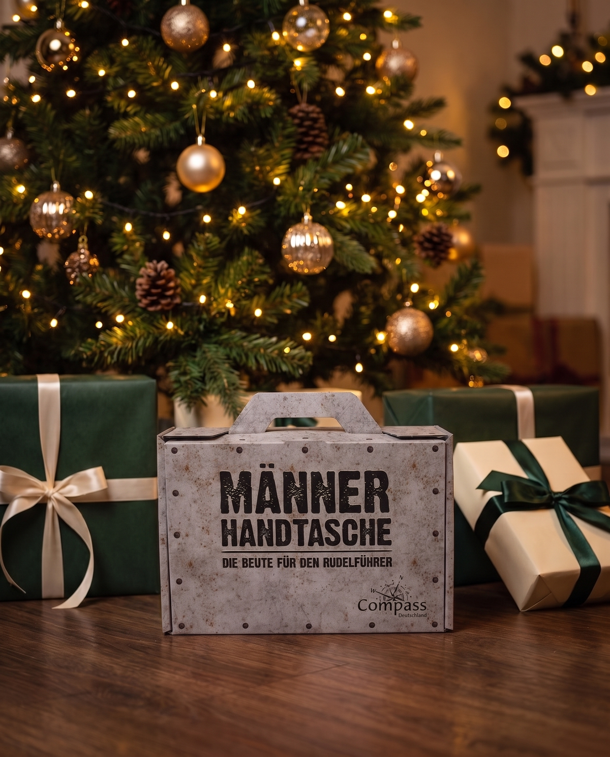 Männerhandtasche von Compass Deutschland als Weihnachtsgeschenk unter dem Baum