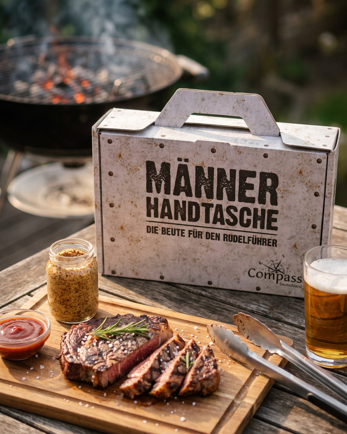 Geschenkbox Männerhandtasche neben gegrilltem Steak, BBQ-Sauce und Bier