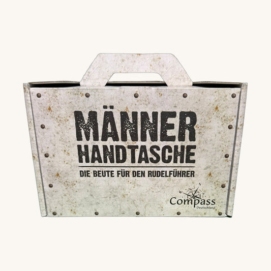 Geschenkbox Männerhandtasche mit zwei Grillsaucen, Bier Senf und Grillgewürz, Vorderseite