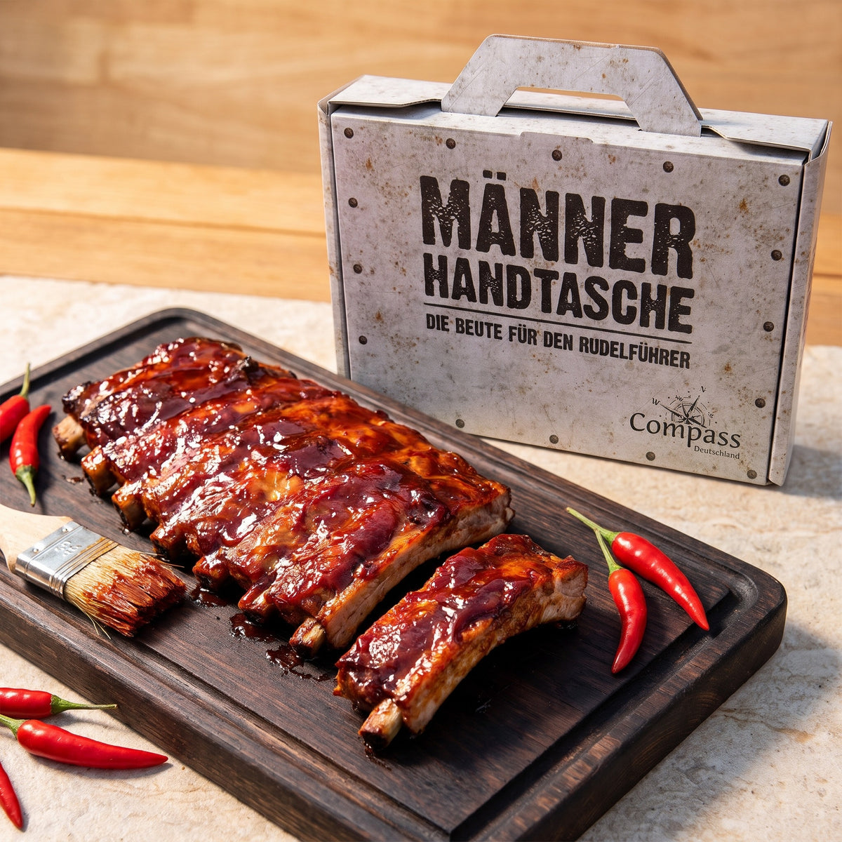 Spareribs mit BBQ-Glasur neben der Geschenkbox Männerhandtasche