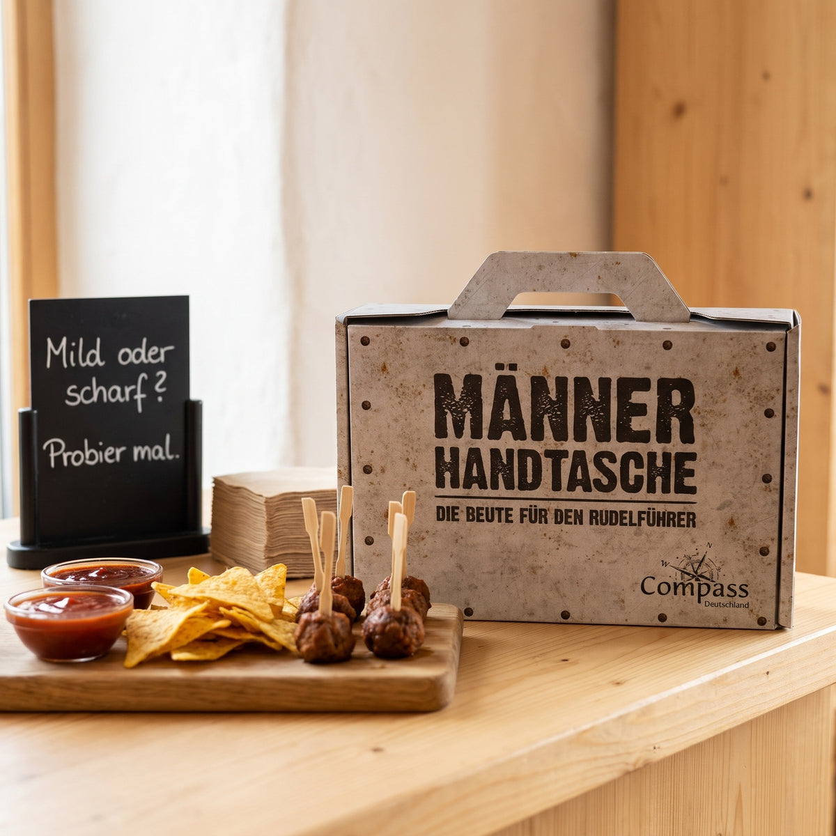 Verkostung im Hofladen: mild oder scharf, zwei Grillsaucen mit Kreideschild zum Probieren