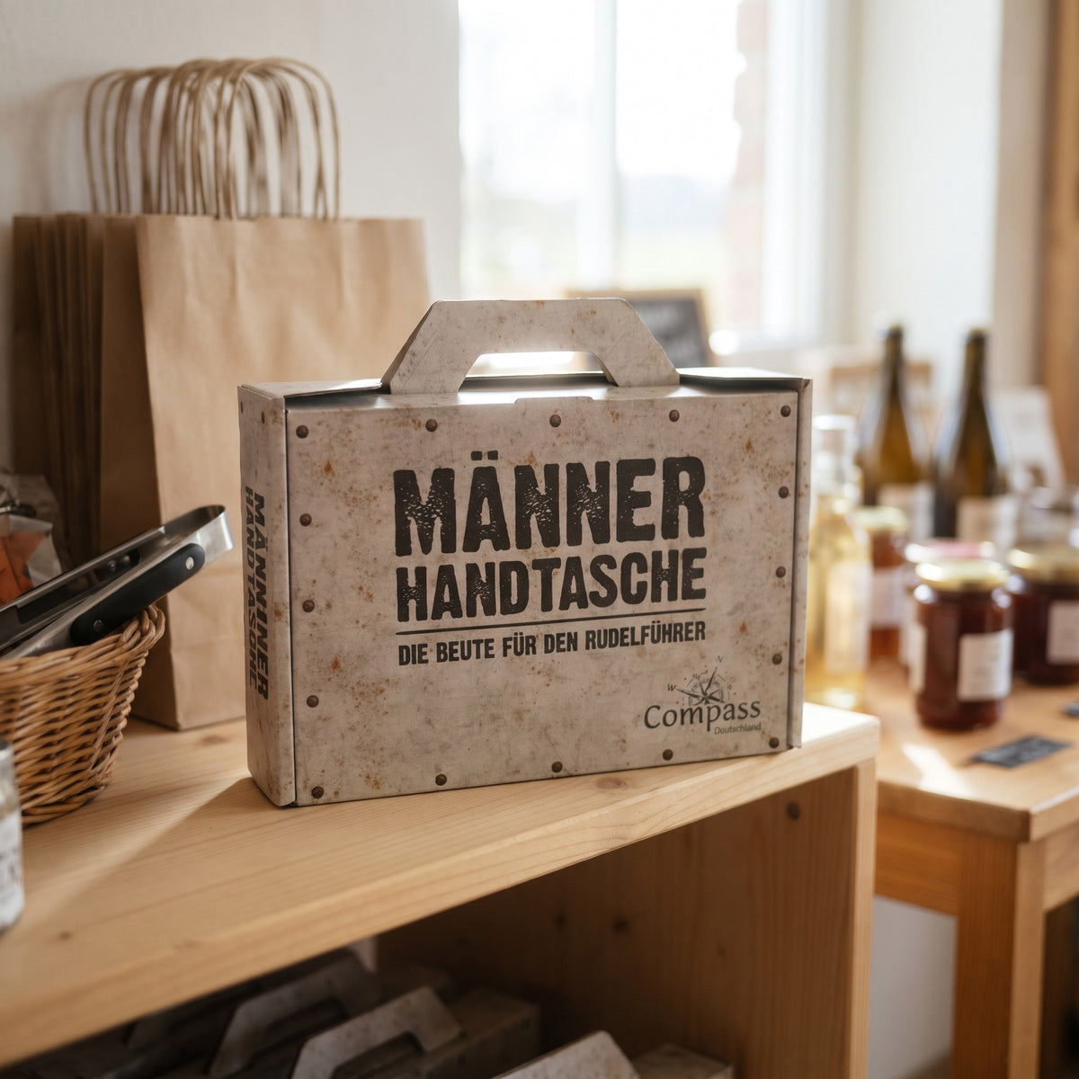 Geschenkbox Männerhandtasche in der Geschenkecke eines Hofladens
