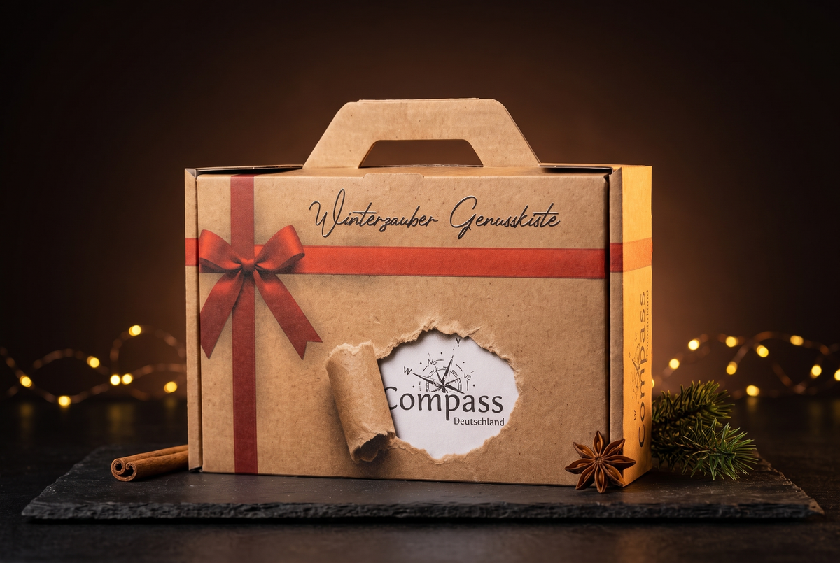 Winterzauber Genusskiste von Compass Deutschland, Geschenkbox mit roter Schleife